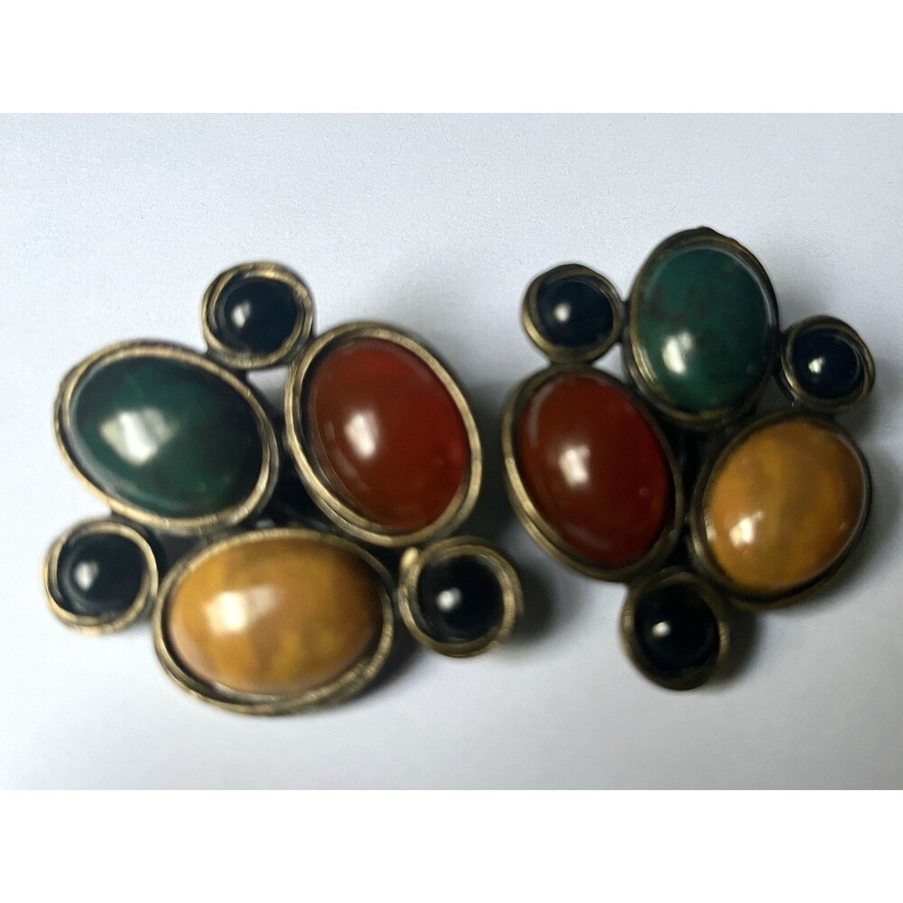 Vtg Faux Stone Clip On Earrings 80s Runway Brutalist Modernist Cabochon Mogul